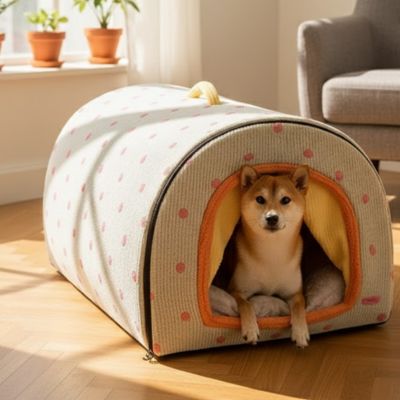 Niche pour Chien interieur jaune/orange sur plancher bois franc devant canapé avec chien heureux regardant l'objectif