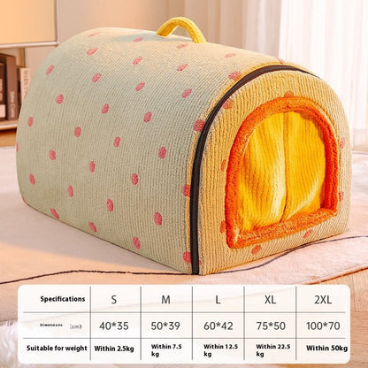 Niche pour Chien interieur jaune/orange vide sur moquette blanc proposant les tailles das grille