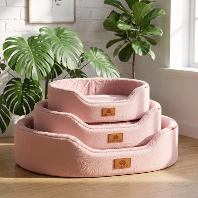 Panier Chien rose vide sur planchers de bois du salon empilés proposant trois dimensions