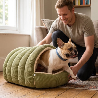 Panier pour petit chien vert avec pug ressortant heureux et avec son maître à côté 