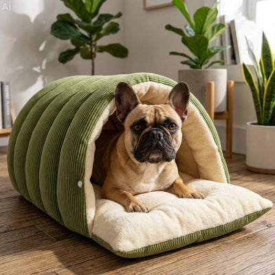 Panier pour petit chien vert devanture ouverte sur planchers de bois du salon avec pug couché regardant l'objectif