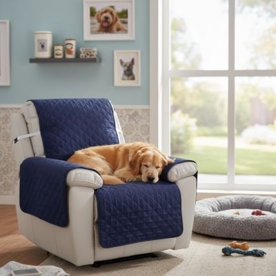 Protection canapé bleu sur fauteuil d'appoint ou inclinable blanc avec golden retriever dormant paisiblement