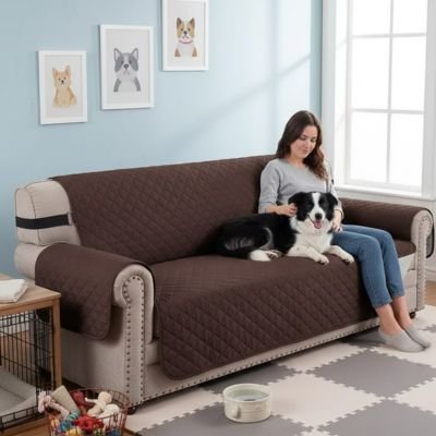 Protection canapé café  sur canapé beige avec chien noir et blanc couché près de sa maîtresse tous deux heureux