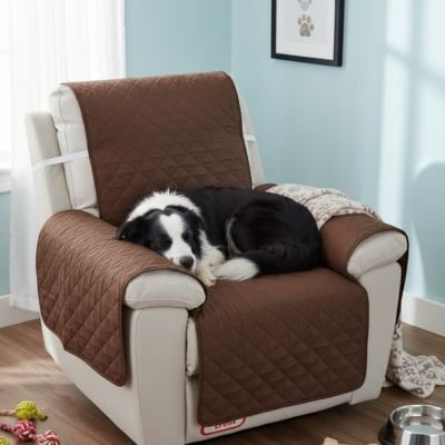 Protection canapé café sur fauteuil d'appoint ou inclinable blanc avec chien noir et blanc dormant paisiblement