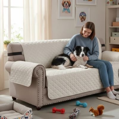 Protection canapé camel sur canapé kaki avec chien noir et blanc couché collé à sa maîtresse l'enlaçant 