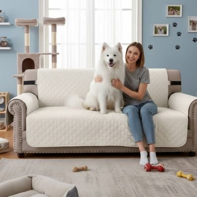 Protection canapé camel sur canapé kaki avec chien blanc et sa maitresse assis