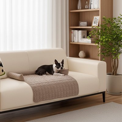 Protection canapé chien beige foncé sur canapé beige pâle avec chien pug noir et blanc couché