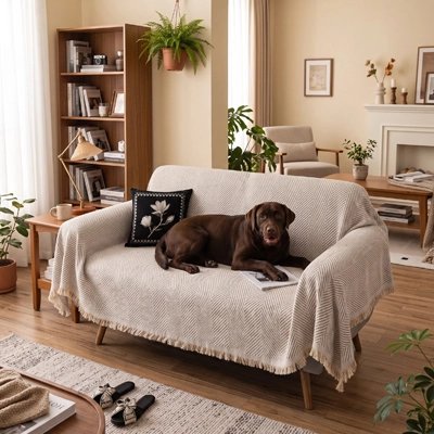 Protection canapé chien beige sur canapé deux places petit avec labrador chocolat couché regardant l'objectif heureux et souriant