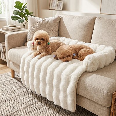 Protection canapé chien blanc avec deux caniches brun pâle un couché regardant l'objectif et un dormant paisiblement sur canapé beige