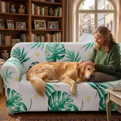 Protection canapé chien blanc et feuilles vertes sur canapé avec golden retriever couché tête sur genoux de sa maîtresse et mains sur son chien