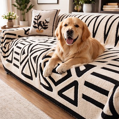 Protection canapé chien blanc sur canapé avec golden retriever couché heureux et souriant