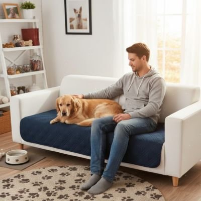 Protection canapé chien bleu sur canapé blanc avec golden retriever couché à côté de son maître 