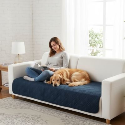 Protection canapé chien bleu sur canapé blanc avec golden retriever couché à côté de sa maîtresse 