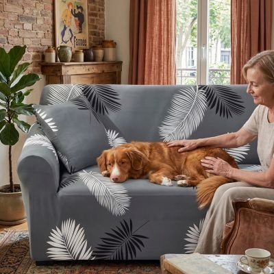 Protection canapé chien gris feuilles sur canapé avec chien couché et sa maitresse la main sur lui