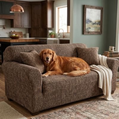 Protection canapé chien marron sur canapé avec golden retriever couché heureux et souriant