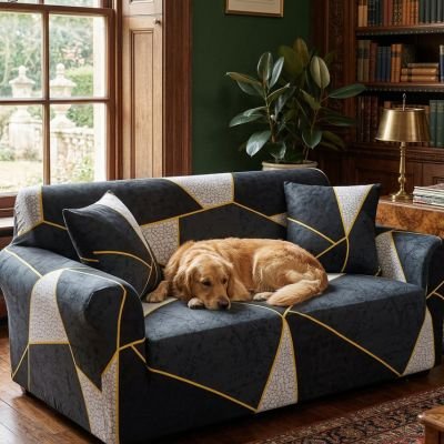 Protection canapé chien noir et gris sur canapé deux places avec golden retriever couché se reposant 