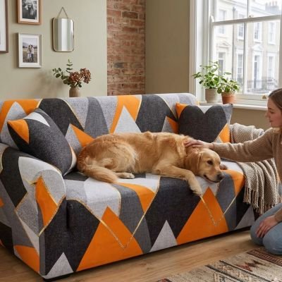 Protection canapé chien orange noir et gris sur canapé avec golden retriever se reposant avec maîtresse accroupi main sur tête du chien