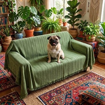 Protection canapé chien vert sur canapé avec pug assis heureux et souriant