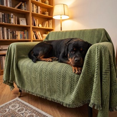 Protection canapé chien vert sur canapé avec rottweiler couché regardant l'objectif