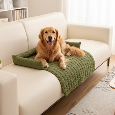 Protection canapé chien vert sur canapé beige pâle avec golden retriever couché heureux et souriant