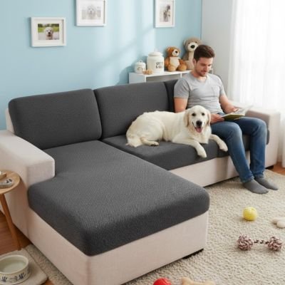 Protection canapé gris foncé sur sectionnel en L crème avec labrador couché près de son maître lisant livre