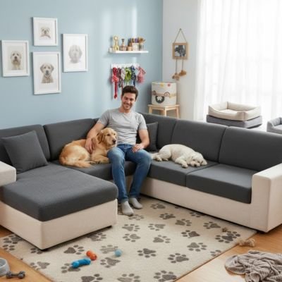 Protection canapé gris foncé sur sectionnel en L crème avec golden retriever et caniche blanc couché près de son maître 