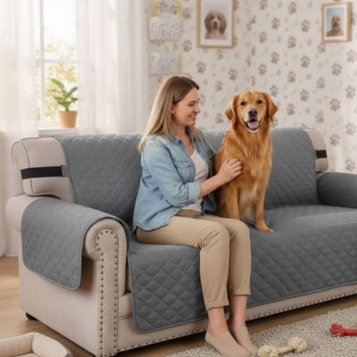 Protection canapé gris sur canapé kaki avec golden retriever et sa maîtresse assis