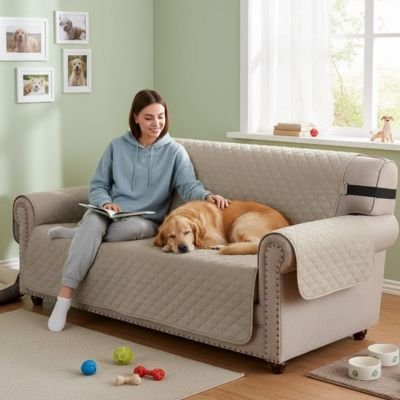Protection canapé kaki sur canapé kaki avec golden retriever dormant collé à sa maîtresse avec livre à la main