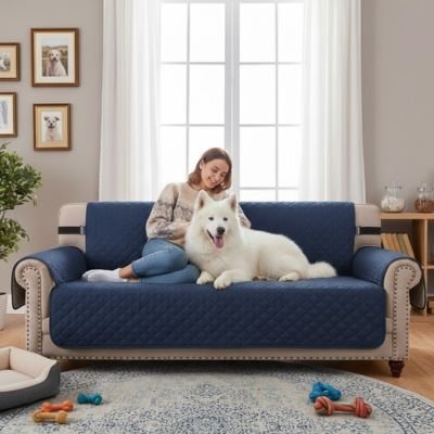 Protection canapé marine sur canapé beige avec chien blanc couché près de sa maîtresse tous deux heureux