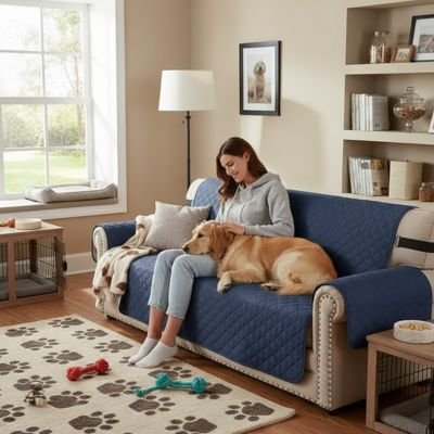 Protection canapé marine sur canapé beige avec golden retriever couché tête sur genoux de sa maîtresse lisant un livre