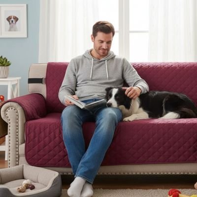 Protection canapé rouge sur canapé beige avec chien noir et blanc couché tête sur genoux de son maître lisant un livre