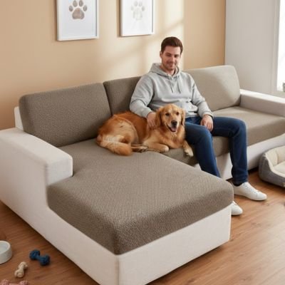 Protection canapé taupe  sur sectionnel en L crème avec labrador couché près de son maître 