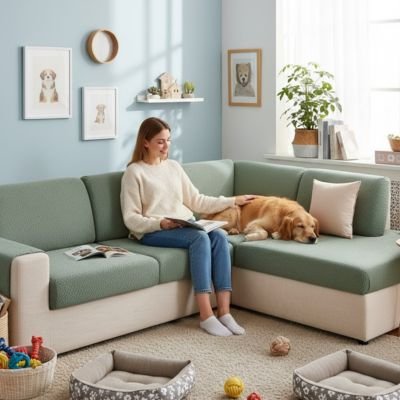 Protection canapé vert  sur sectionnel en L crème avec labrador couché près de sa maîtresse lisant livre