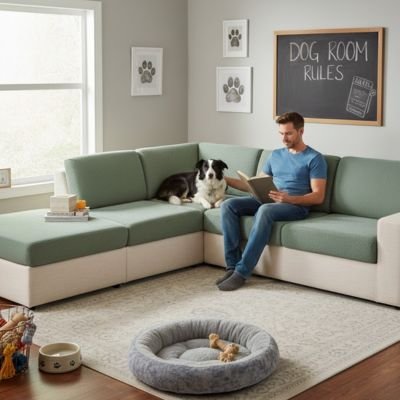 Protection canapé vert sur sectionnel en L crème avec chien noir et blanc couché près de son maître 