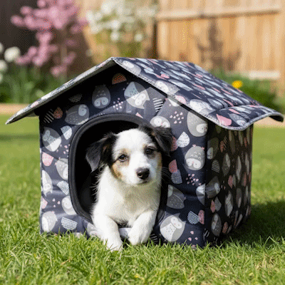 Niche pour Chien extérieur GIF gris sur gazon avec chien couché regardant l'objectif et  gris vide sur gazon en trois images en boucle