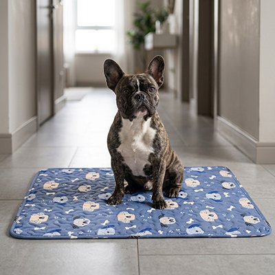 Tapis Chien rafraichissant bleu sur carrelages gris dans couloir avec pug assis