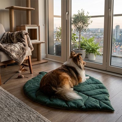 Tapis Chien vert deux teintes  forme de feuille sur sol bois du salon colley regardant extérieur par porte vitrée 