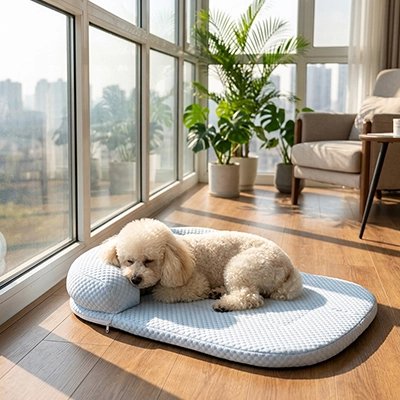 Tapis rafraichissant Chien bleu avec caniche qui y dort dans un solarium