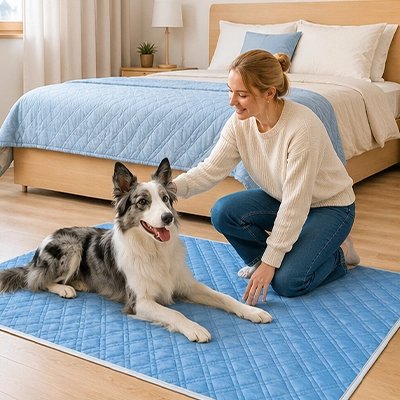 Tapis rafraichissant Chien  bleu sur le sol au pied du lit avec berger australien heureux et sa maîtresse le caressant