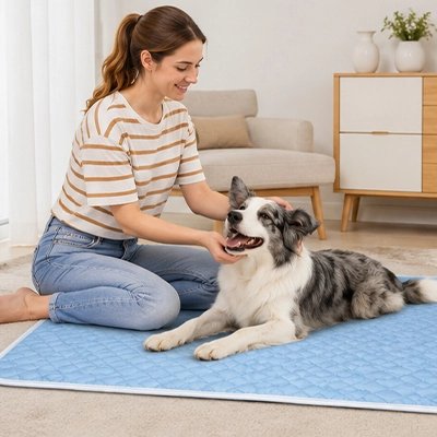 Tapis rafraichissant Chien  bleu sur le sol du salon  avec berger australien heureux et sa maîtresse le caressant