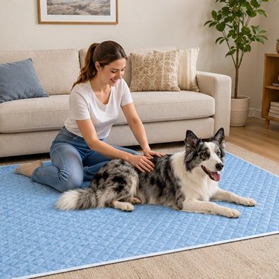 Tapis rafraichissant Chien  bleu sur le sol du salon devant canapé avec berger australien heureux et sa maîtresse le caressant