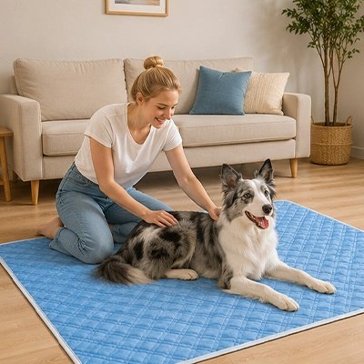Tapis rafraichissant Chien  bleu sur le sol du salon devant canapé avec berger australien heureux et sa maîtresse le caressant