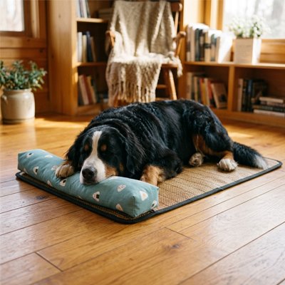 Tapis rafraichissant Chien Bleu/turquoise / L 65X50CM sur le sol avec bouvier bernois dormant paisiblement 