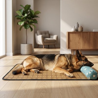 Tapis rafraichissant Chien Bleu/turquoise / L 65X50CM sur le sol du salon avec berger allemand se reposant