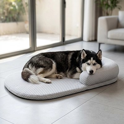 Tapis rafraichissant Chien gris avec husky tête sur rebord dans solarium 