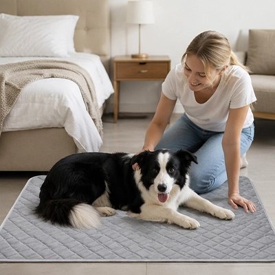 Tapis rafraichissant Chien gris sur le sol devant le lit avec chien couché et la maîtresse le caressant