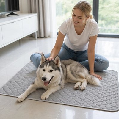 Tapis rafraichissant Chien gris sur le sol du salon avec husky couché et la maîtresse le caressant
