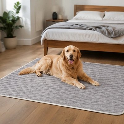 Tapis rafraichissant Chien gris sur le sol au pied du lit avec golden retriever souriant
