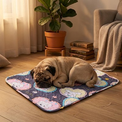 Tapis rafraichissant Chien gris/multicolore  sur plancher salon avec pug dormant paisiblement en boule