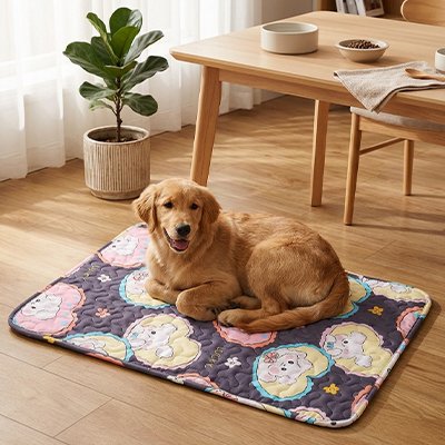 Tapis rafraichissant Chien gris/multicolore  sur plancher de cuisine avec golden retriever couché souriant